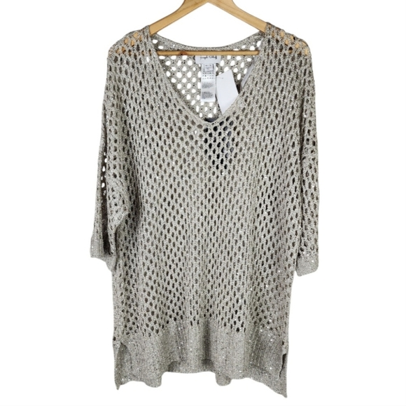 Joseph Ribkoff V Neck Crochet Knit Sweater Sequin Champange Size XXL - Picture 3 of 15